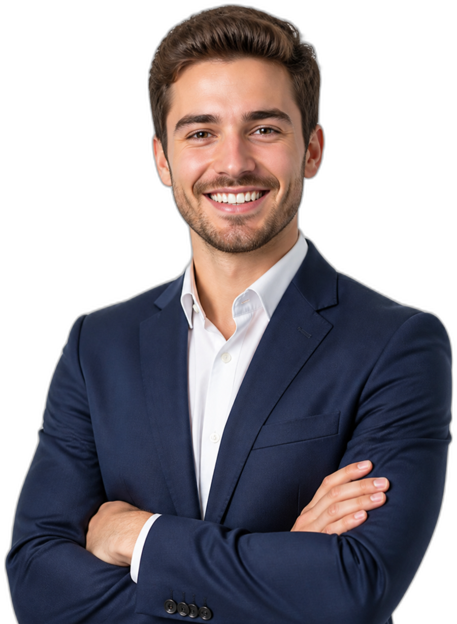 Homem jovem de cabelo castanho curto, terno azul-marinho, camisa branca, braços cruzados, sorrindo para a câmera